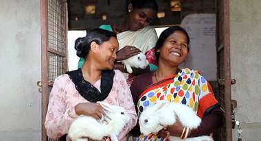 Drei lachende Frauen mit weißen Kaninchen im Arm