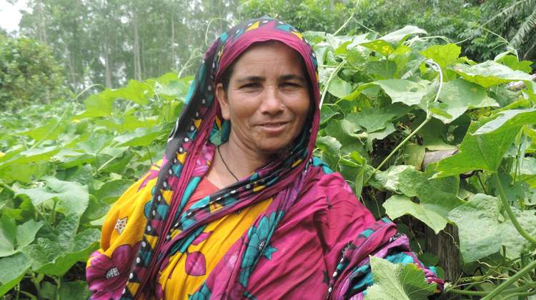 Laily Begum steht in ihrem Garten, Bangladesch.