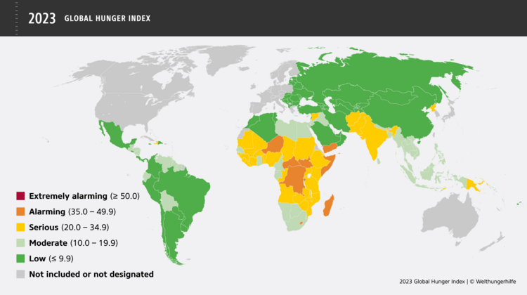 Global Hunger Index 2023: The analyzed countries can be categorized according to whether the hunger situation is extremely alarming, alarming, serious, moderate or low.
