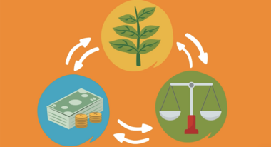 Illustration on sustainable food systems - 3 circles show a plant, a weighing scale and money
