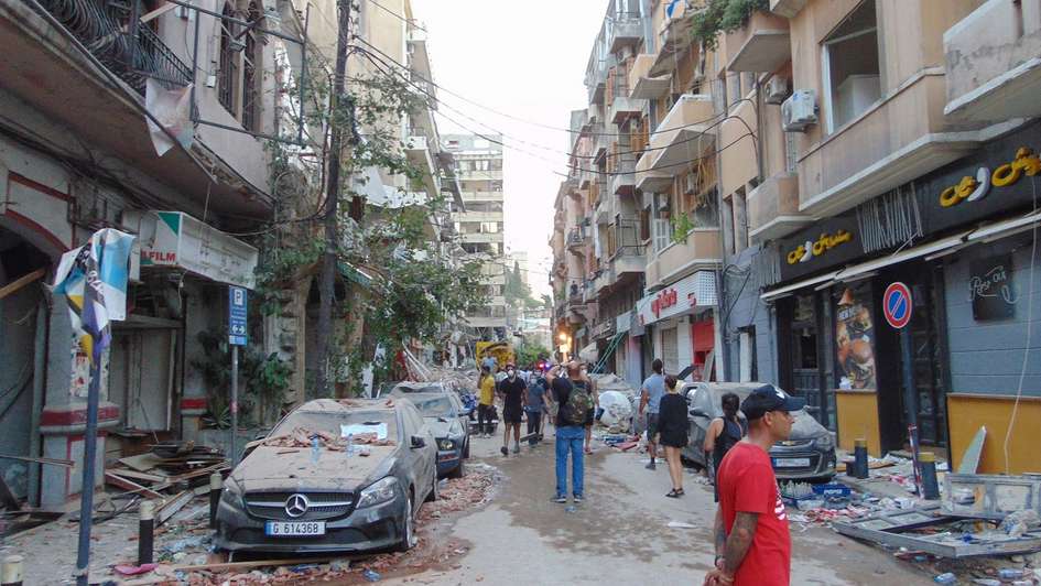 A destroyed road after the explosion at the harbour.