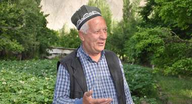 Azim Choragabov (65) in his garden in Pokhut village, Zerafshan valley, Northern Tajikistan.