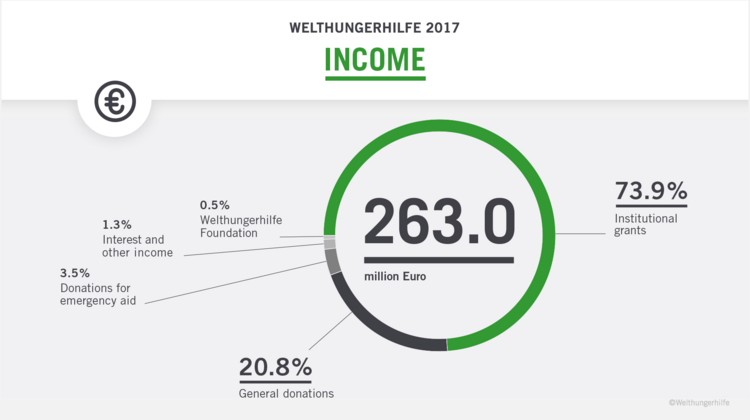 This diagram shows the annual income of Welthungerhilfe in 2017: 73.9% of 263.0 million Euros were provided by institutional grants, 20.8% by general donations, 3.5% by donations for emergency aid, 1.3% by interest and other income, 0.5% by the Welthungerhilfe Foundation.