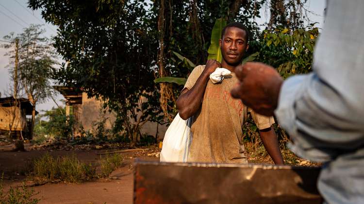 Ein Bauer aus Uganda bring seine Maisernte zum Schälen, 2021. 