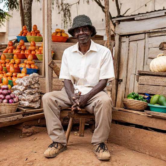 A man offers a rich variety of agricultural products on a farmer's market in Uganda.