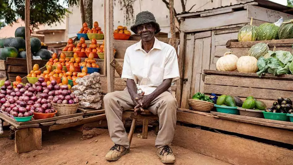 A man offers a rich variety of agricultural products on a farmer's market in Uganda.