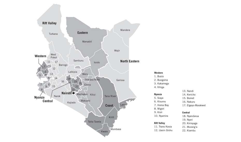 Map of Kenya's regions and counties