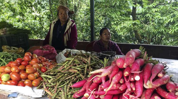 Smallholder farmers in Sikkim selling their organic vegetable crops at a market stall