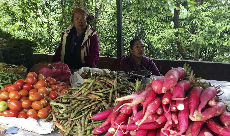 Smallholder farmers in Sikkim selling their organic vegetable crops at a market stall