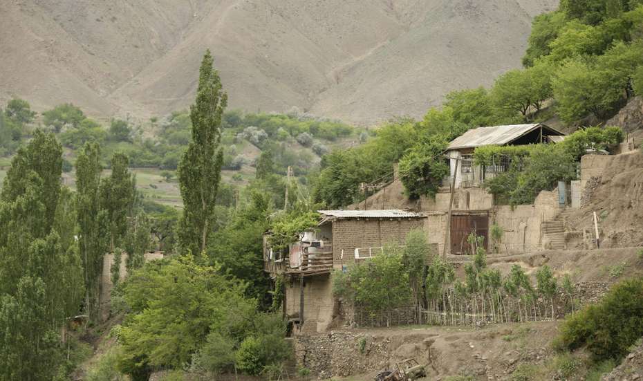 A view of the Zarafshan Valley: Due to erosion, trees and even entire gardens regularly plunge into the valley.