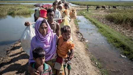 Rohingya refugees crossing the border from Myanmar to Bangladesh