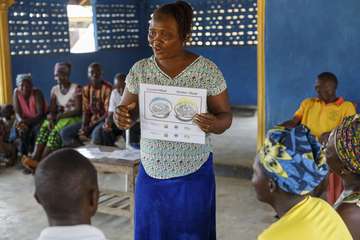Matilda Lansana zeigt eine Bildtafel zu Ernährungsthemen