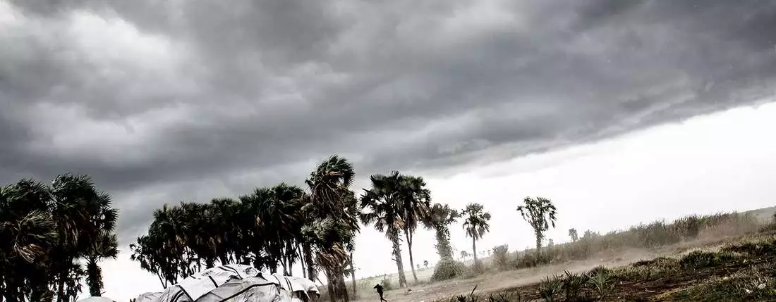 2017-naturkatastrophen-sturm-bothoni-suedsudan-c-spyra-SSD2017SPY026.jpg Dunkle Wolken am Himmel, neben aus Holz und Planen gebaute Häuser stehen Palmen, die sich im Wind beugen.