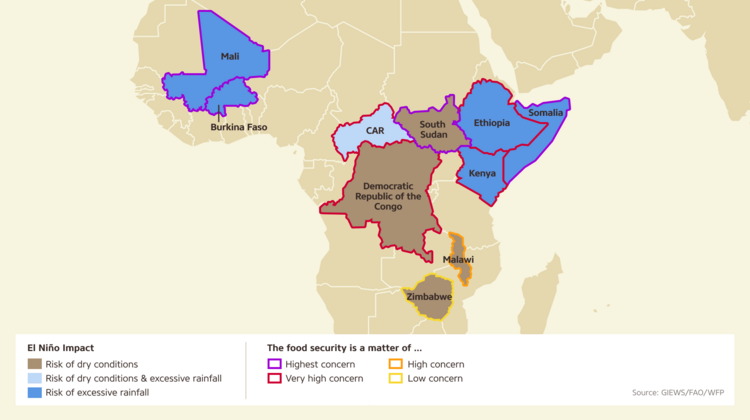 Map: El Niño threatens some African countries with heavy rain or drought