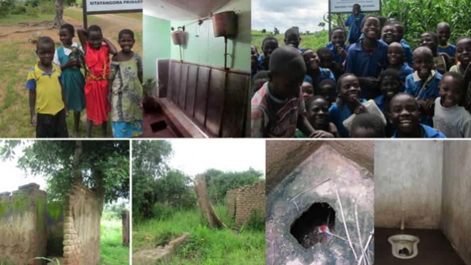 Multiple pictures of children in Malawi as well as toilets