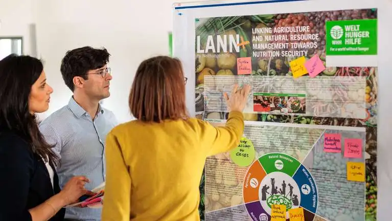 Drei Personen betrachten ein Flipchart und kleben Notizzettel mit Schlagworten darauf.