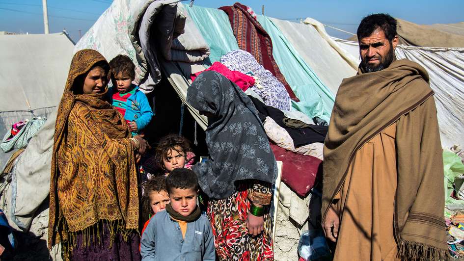 Refugee family in a camp in Kabul