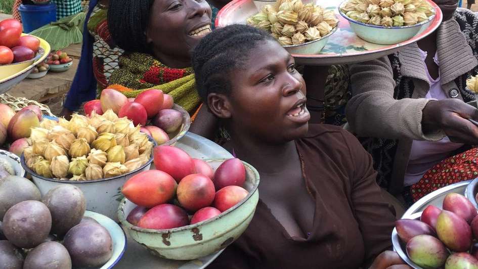 Women offer a rich variety of agricultural products on a farmer's market in northeastern Congo.