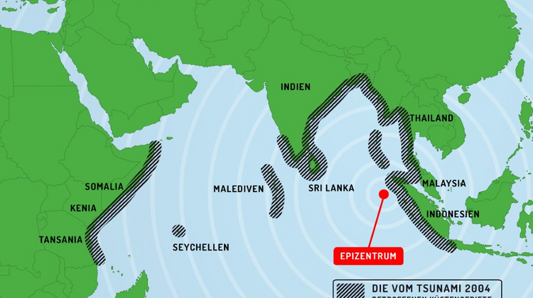 Map of the coastal areas affected by the 2004 tsunami.